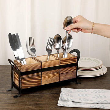 Bestekhouder Caddy met Metalen Lade - 3 Compartiment Organisator voor Keuken Aanrecht - Multifunctionele Houten Opbergdoos