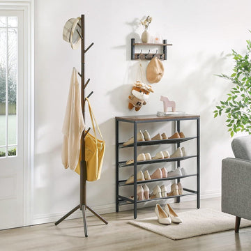 Coat Rack Free Standing Wooden Coat Tree with 8 Hooks - Adjustable Hallway Tree for Entrance Living Room - Hallway Bedroom Coat Hanger for Hats Handbags Clothes Wallet Umbrella Brown halmeubel met kapstok