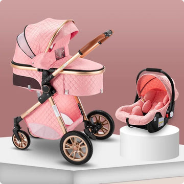 Luxe Multifunctionele 3-in-1 Combi Kinderwagen - Kwalitatieve Buggy - Buggy's - Opklapbare Wandelwagen - Maxi cosi - Incl. Autostoel - Pink - Roze