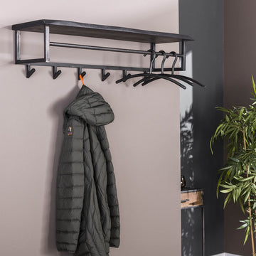 Wandkapstok Yucon | 6 haken | 100 x 30 x 27 cm | kapstok met hoedenplank | massief naturel acaciahout met zwart matelen frame | landelijk / industrieel
