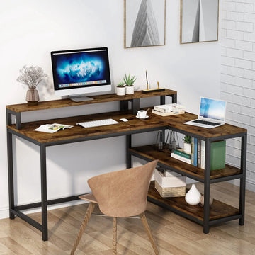 Hoekbureau - Industrieel Bureau - L-vorm - Industriële Look - Computerbureau - Met Monitorstandaard - Met 3 Planken - 135x100x75cm - Voor Thuiskantoor