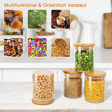 9 Set Glazen Opbergpotten 250ml, Kruidenpotten met Bamboe Deksels en 125 Etiketten, Hoge borosilicaatglas Luchtdichte bus voor Keuken Opslag, Voedsel Opslag Container voor Kruiden Thee Koffiebonen Suikerkoekjes