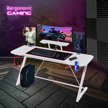Xergonomic Morpheus Subzero Gaming bureau - Game Desk - Koptelefoonhouder, bekerhouder & monitorstandaard - Carbon Fiber Coated Toplaag - D58xB160xH74,5-92 cm - Wit