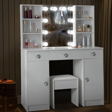 Make-uptafel met spiegel en verstelbare ledlampen - Kaptafel met 3 laden, 4 open planken en 2 kasten - Wit - 100 x 40 x 140 cm make up tafel