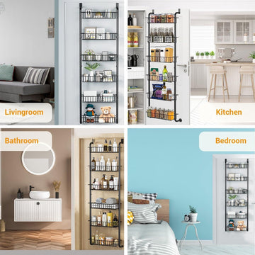 6-laags Over de Deur Voorraadkamer Opbergrek - Sterk Metaal - Hangend Kruidenrek - Wandmontage Opslag - Keuken Eetkamer Badkamer Slaapkamer - Zwart kruidenrek ophangbaar