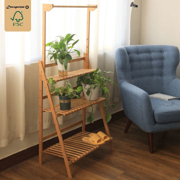 Decopatent® Plantenrek met 3 etages + Stang voor Hangplanten - Bamboe hout staand binnen Plantentrap - Bloemenrek - Plantenetagere