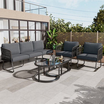 Tuin loungeset met gegalvaniseerd ijzeren frame, tuinmeubelset van touw, grijs touw, verstelbare voeten, glad glazen tafelblad, 5-delige set, inclusief alle zit- en rugkussens