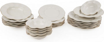 Asir Serviesset - Dinerset (24 Stuks). Wit/Goud - Serveerbord: 22x22x2 (6 Stuks) Bord: 20x20x3 cm (6 Stuks) Schaal: 14x14x5 cm / 210 cc (6 Stuks) Dessertbord: 18x18x2 cm (6 stuks) 100% PORSELEIN