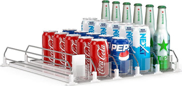 Zelfschuivende blikjes organizer, koelkast organizer, blikdispenser, koelkast, automatische koelkast organizer met verstelbare breedte, voor dranken, bier, frisdrank (bevat 25 blikjes, wit)