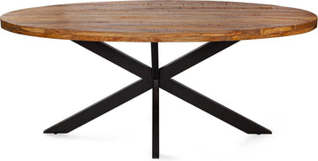 Eettafel Thom - ovaal - 190 x 100 cm - bruin mangohout zwarte matrixpoot van metaal - Dik Blad