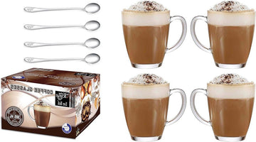 Latte Glazen Thee Koffie Cup Mokken - Past bij Tassimo & Dolce Gusto - Set van 4 (385ml) met Lepels Cappuchino glazen