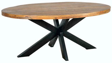 Eettafel - Tafel - Ovaal 5 cm dik - Mango hout - Naturel - 180x90x77 - Spinpoot metaal - Mat gelakt