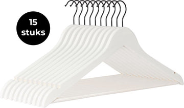 Eleganca luxe kleerhangers - Kledinghanger - 15 stuks - Behandeld hout - 45x22 x1cm - Multifunctionele kledinghanger - Gelakt - Met zwarte haak - Wit