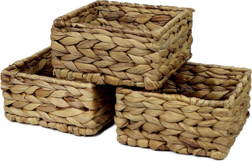 Vierkante waterhyacint Kleine manden voor opslag - Natuurlijke kleur rieten mand planken open - Decoratieve geschenkdoos - Kleine badkamer mini-lade make-up badkamer - Keukenorganizer - Klein 14cm 3 x mand - HTML content nodig