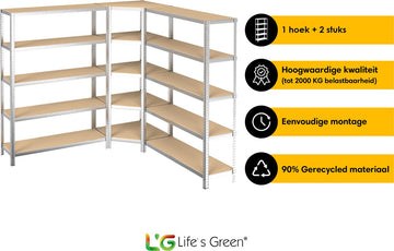 Life’s Green Stelling Set 120 cm - Opbergrek - Stellingkast - Hoekstelling - 2x Stelling 120 cm - 1x Hoekstelling 70 cm - Zilver