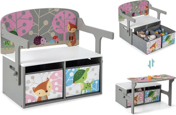 3-in-1 kindertafel met zitbank, kinderzitgroep met 2 afneembare manden, kinderzitbank met opbergruimte, speelgoedkist met rugleuning, zitkist voor kinderkamer, grijs