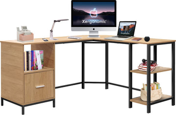 Xergonomic Industrieel hoekbureau met kastje– Stalen frame met houten hoekbureaublad – 150x137x75 cm - Stevige laptoptafel – Zwart/Naturel