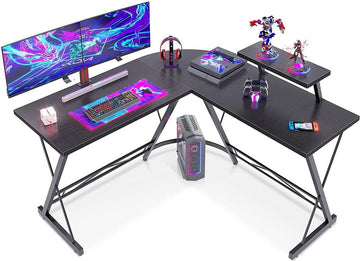 Gamebureau – L Vormig Hoekbureau – Gaming Desk – Computertafel – Waterproof & Krasbestendig Gaming Bureau – 130x130x96,5 cm – Game Tafel met Monitorstandaard – Eikenhout Bureaublad – Verstelbaar Werktafel – Zwart