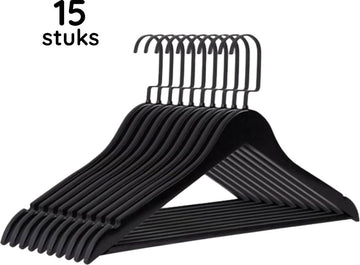 Eleganca luxe kleerhangers – Kledinghanger - 15 stuks - Behandeld hout - 45 x 26 cm - Multifunctionele kledinghanger - Gelakt - Met platte zwarte haak - Zwart