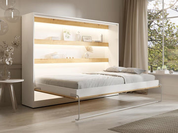 Bedkast 140 x 200 cm - Handmatige horizontale opening - Met ledverlichting - Wit en houtlook - RAPILI L 219 cm x H 165.2 cm x D 179.2 cm
