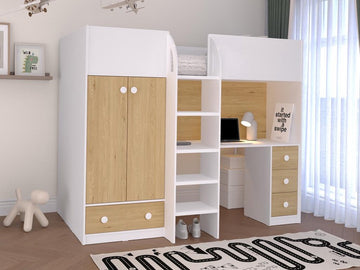 Hoogslaper 90 x 190 cm met kast en bureau - Wit en naturel - CINAMO L 196 cm x H 162.3 cm x D 120.8 cm