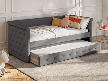 Vente-unique Bed met slaaplade LOUISE - 2 x 90 x 190 cm - Grijze stof L 219 cm x H 95.2 cm x D 98.5 cm