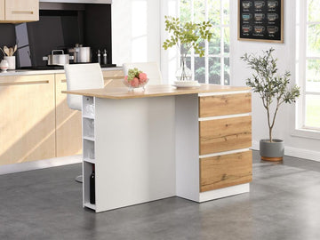 Vente-unique Centraal keukeneiland met 6 lades en 4 nissen van mdf - Licht naturel en wit - POMARELA L 140 cm x H 91 cm x D 80 cm