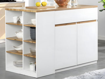 Vente-unique Keukeneiland met opbergruimte MEILI - Wit en eiken L 130 cm x H 90 cm x D 65 cm