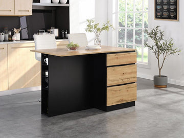 Vente-unique Centraal keukeneiland met 6 lades en 4 nissen van mdf - Licht naturel en zwart - POMARELA L 140 cm x H 91 cm x D 80 cm