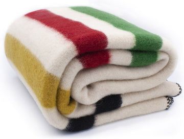 Alenika Wollen Dikke Deken Rainbow Classic - 160x210 cm - 2800g - Zuivere wol - Wolwit met aan uiteinden gekleurde streepjes