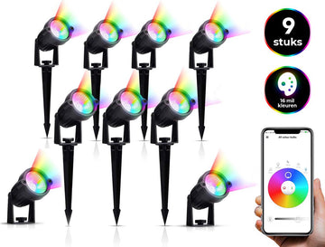 Bolt Electronics Tuinspots – Tuinverlichting LED buiten – Prikspot buitenlamp - RGB lamp staand – Bluetooth bestuurbaar Tuinlamp – IP68 waterdicht muurlamp – Verlichting terras en tuin - Bedienen met de App – 9 stuks