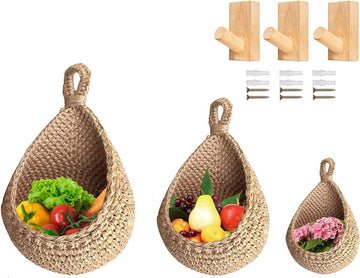 Hangmand, fruitmand, hangende wandmand, opbergmanden, gevlochten wilgenmand, aan de muur hangen, voor groenten en fruit, natuurlijke rieten en fruit, met 3 haken