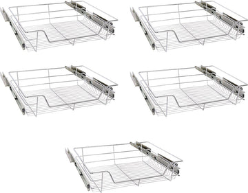 Eleganca draadmand met zijgeleider - Keukenkast schuiflade – B 51.5 x H14 x D 44.5 cm – Uitschuifbaar keukenrek – Inbouwlade – Maximale belastbaarheid 20 kg – RVS – Zilver – 5 Stuks