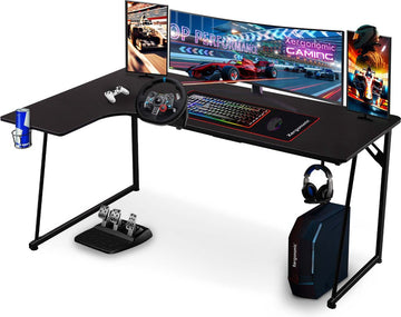 Xergonomic Neon Cyrex Gaming hoekbureau - Koptelefoonhouder, bekerhouder & 2 Kabel organizers - D60-100xB40-160xH75 cm - Game bureau met Carbon Fiber Coated Toplaag - Zwart