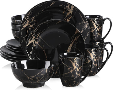 Serviesset - Serviessets - Serviesset 4 persoons - Zwart Met Goud - Porselein - 16-delig Servies - Dinerbord - Dessertbord - Kom - Mok
