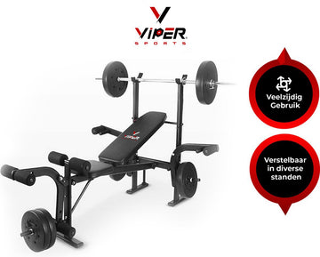 Viper Sports halterbank – Fitnessbank – Verstelbare rugleuning – Uiterst geschikt voor gewichten – Incl. Beenhouder – Zachte handgrepen – PU kussens – Triangel structuur – Inklapbaar - Zwart - 182x116x112cm