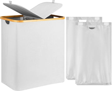 Wasmand met deksel, 140 liter, 2 vakken, beige waszak, smal - wassorteerder, wasmand met deksel, beige