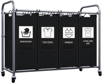 Wassorteerder 4 vakken - Wasmand 4 vakken - Wasmand Op Wieltjes – Wassorteerder Met Verwijderbare Manden - Dubbele wasmand Met 6 Sorteerkaarten – Wasmanden - 99 x 43 x 79 cm