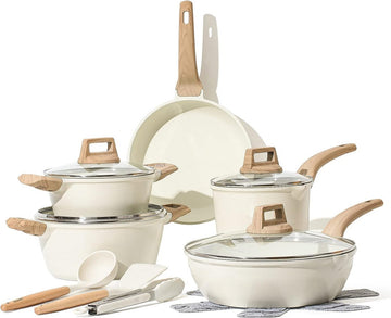 CAROTE Pannenset 14-delig,Bestaande uit een pan van 24/28 cm,18/20/24 cm Kookpan Met deksel en Keukengerei,Niet giftig ,Compatibel met alle fornuizen
