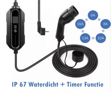Mobiele Thuislader Elektrische Auto 3.7kW | IP67 Waterdicht | 16A 1 Fase | 5 Meter | Thuis Lader Type 2 vanaf stopcontact EU - 8A/10A/13A/16A Schakelbaar |