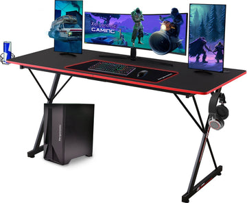 Xergonomic Aion Cyborg Gaming bureau - D60xB160xH75 cm - Koptelefoonhouder, bekerhouder & Kabel organizer - Carbon Fiber Coated Toplaag - Verstelbare poten - - Zwart/Rood