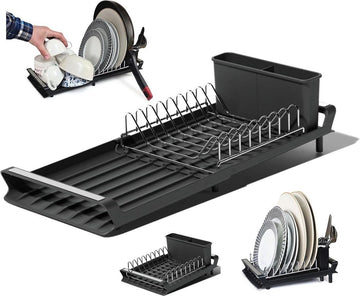 Compact Uitschuifbaar Afdruiprek Zwart - Klein Afwasrek met Lekbak - Gootsteen Verstelbaar Dish Drying Rack - Bestekhouder - Antislip Voeten - Anti-roestplaat - 28/47 x 20cm afdruiprek met lekbak inklapbaar