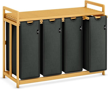 Wassorteerder 4 vakken - Wasmand 4 vakken 200 Liter - Wasmand Met Opbergplank – Wassorteerder Met Afneembare Manden - Dubbele wasmand - Duo Wasmand – Wasmanden - 107 x 42 x 77 cm