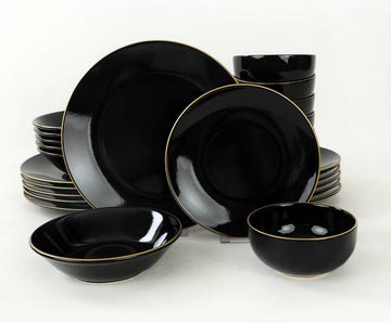 Asir Serviesset - Dinerset (24 Stuks). Zwart/Goud - Serveerbord: 26 cm (6 stuks) Bord: 18 cm (6 stuks) Neemt geen water op Antibacterieel Eenvoudig te reinigen Materiaal Bestand tegen thermische schokken Oppervlaktehardheid 100% KERAMISCH AARDEWERK