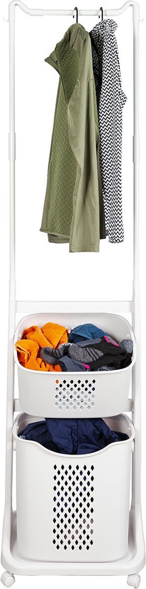 Eleganca Wasmand met ophangrek - H174 x B44 x D33 cm - Wasbox organizer – Wassorteerder met 2 vakken – Kunststof/Metaal – Wit