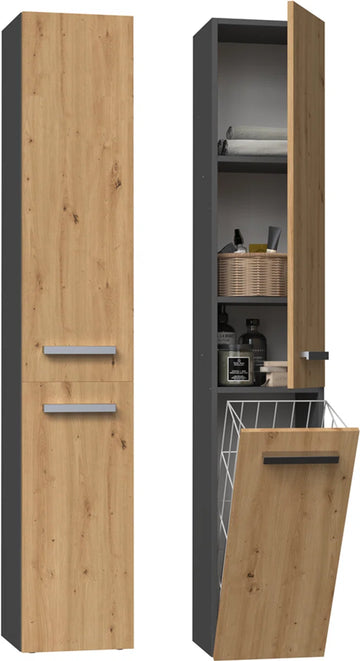 Badkamermeubel-Badkamerkast – Wandkast – Kolomkast – Hoog – Met wasmand – Antraciet- Eiken Kleur