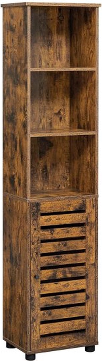 Badkamerkast, Hoge Kast, Badkamerkast, 3 Open Vakken, 2 Verstelbare Planken Achter De Deur, Vintage Bruin