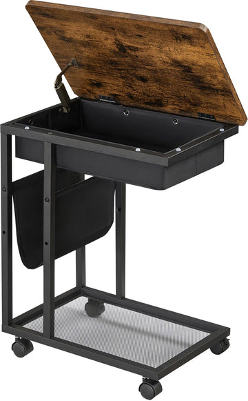Miami Bijzettafel met lade - Laptoptafel met Wielen - salontafel - Industriële Stijl - Bruin/Zwart - 50x35x60cm