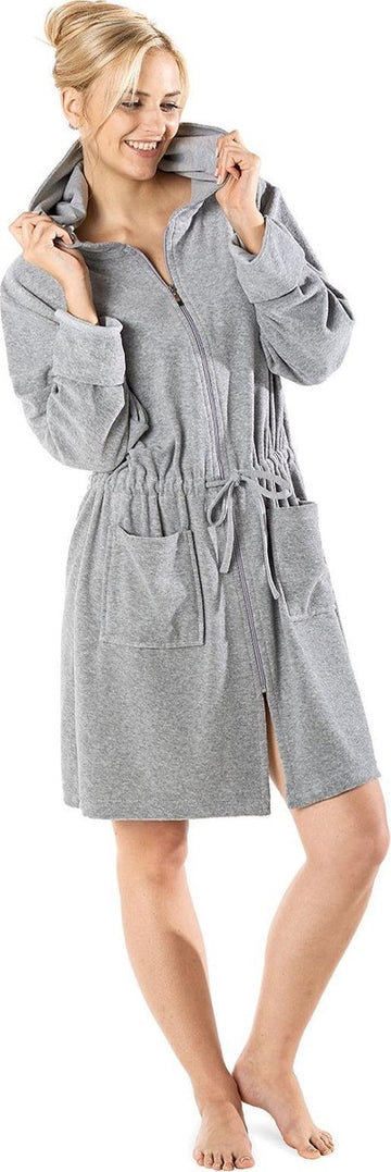 Rits badjas dames kort – met capuchon – lichtgewicht – dun – sauna - grijs - maat L