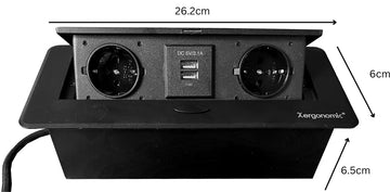 Xergonomic bureau stopcontact – B26.2xL11.6xH6.5cm - Bureau stekkerdoos met 2 stopcontacten en 2 USB-poorten – Inklapbare inbouw stekkerdoos – Inbouw contactdoos voor huis en kantoor meubilair – Stevige en moderne inbouwstekkerblok – Zilver